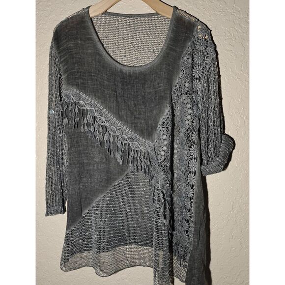 Grey Lagenlook 3/4 Sleeve Mixed Media Button‎ Tab Sleeve Top Unbranded - Picture 1 of 7
